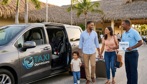 Chofer de Taxi Dominicana dando la bienvenida a una familia con equipaje en el aeropuerto junto a una minivan equipada con silla para niños