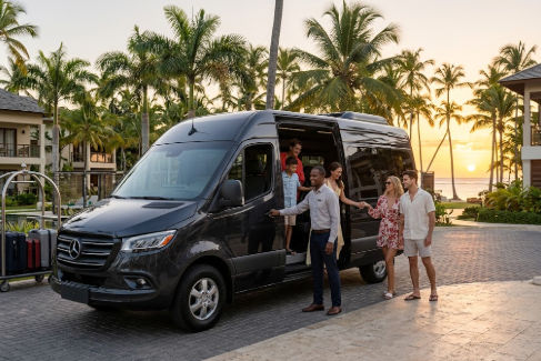 Chofer de transporte privado recibiendo a pasajeros en un resort tropical al atardecer