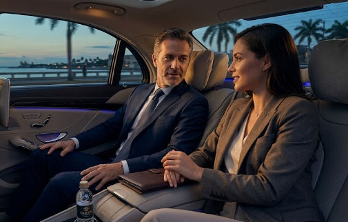 Ejecutivos de negocios viajando en un coche de lujo por el malecón de Santo Domingo para una cena de empresa.