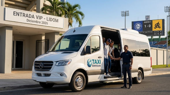 Transporte privado de Taxi Dominicana llegando a la entrada VIP de LIDOM en diciembre 2026