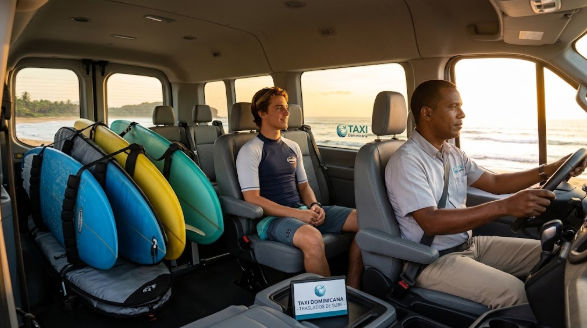 Interior de una furgoneta de Taxi Dominicana especializada en transporte para surfistas a Playa Macao, con conductor, pasajero y tablas de surf de colores aseguradas