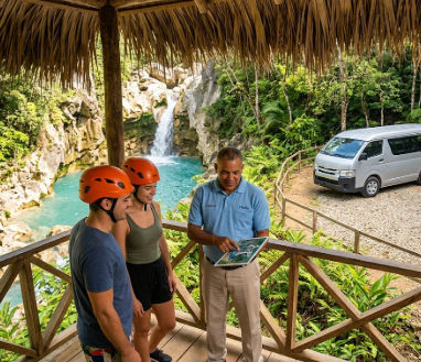 Chofer orientando a turistas con cascos en un mirador frente a las cascadas de los 27 Charcos de Damajagua, con una furgoneta de transporte al fondo