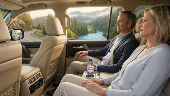 Pareja disfrutando cómodamente del paisaje montañoso desde el interior de un transporte privado