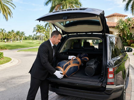 Chofer privado guardando bolsas de golf en un SUV de lujo