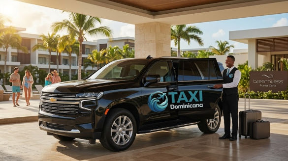 Traslado privado a Breathless Punta Cana con Taxi Dominicana, chofer abriendo la puerta de un SUV negro de lujo