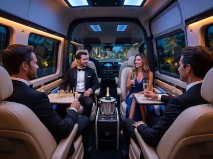 Grupo de personas formalmente vestidas brindando con champán en el interior de una lujosa furgoneta de transporte privado para Año Nuevo.