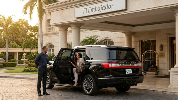 Chofer de lujo abriendo la puerta de un SUV negro para una mujer que baja en el hotel El Embajador en Santo Domingo.