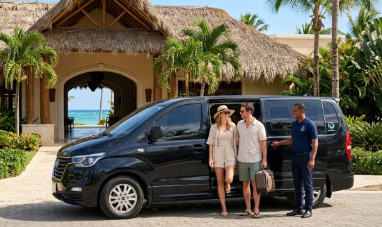 Traslado privado a Impressive Punta Cana: Turistas y conductor frente a resort