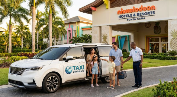 Familia abordando minivan de transporte privado de Taxi Dominicana en Nickelodeon Hotels & Resorts Punta Cana