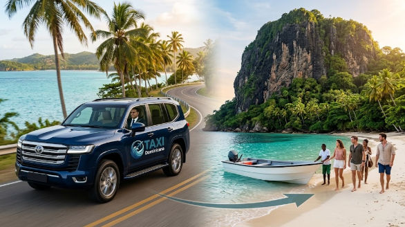Vehículo azul de Taxi Dominicana en ruta costera hacia un viaje en lancha en Playa Frontón