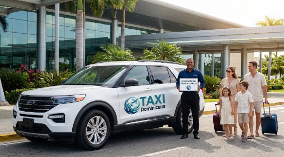 Chofer de Taxi Dominicana recibiendo a una familia con equipaje en el aeropuerto