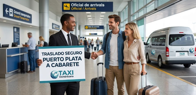 Chofer de Taxi Dominicana saludando a una pareja de turistas en el aeropuerto con un letrero de traslado seguro de Puerto Plata a Cabarete