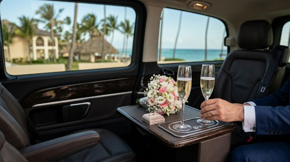 Interior de vehículo de lujo para traslados de bodas en Punta Cana con champán, anillos y flores