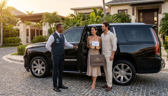 Chofer abriendo puerta de SUV de lujo para pareja en Punta Cana