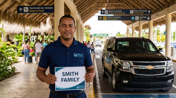 Smiling professional driver holding a 'SMITH FAMILY' sign at Dominican Republic airport, next to a large black SUV.