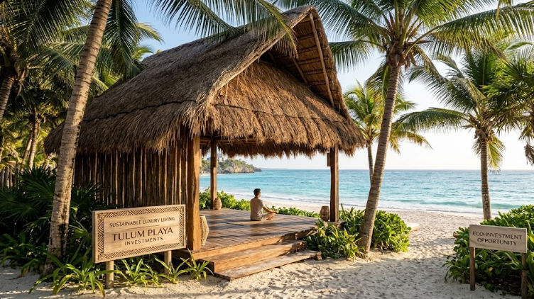 Desarrollo inmobiliario de lujo eco-chic en Tulum Playa frente al Mar Caribe con ruinas mayas al fondo