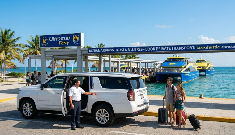 Reserva tu Transporte Privado de Cancún a Isla Mujeres en Suburban VIP - taxi-shuttle-cancun.com Transporte privado de Cancún a Isla Mujeres en Suburban blanca con conductor y pasajeros en la terminal del ferry Ultramar con destino a Isla Mujeres | Taxi Shuttle Cancun
