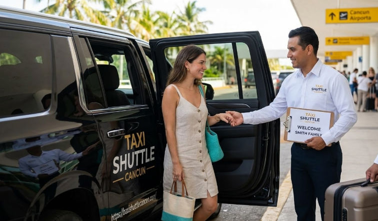 Taxi Shuttle Cancun - Servicio de Transporte Privado y Seguro desde el Aeropuerto de Cancún Taxi Shuttle Cancun: Conductor profesional recibiendo a la familia Smith en el aeropuerto con un letrero de bienvenida y vehículo Suburban privado.