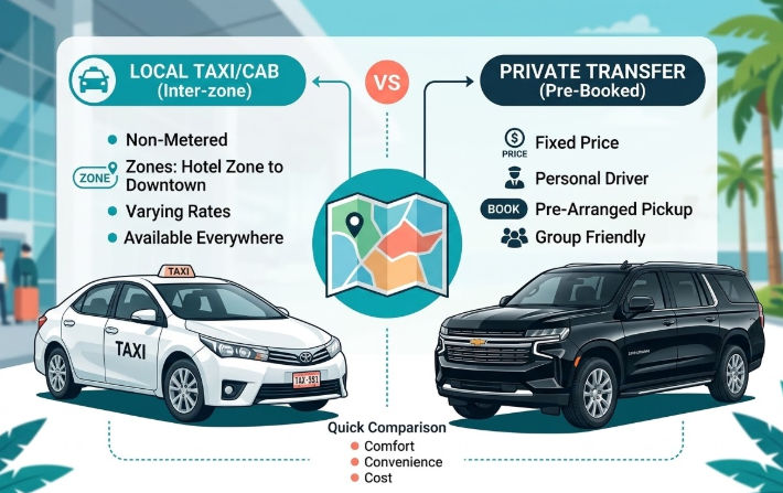 Cancun Cab vs Private Transfer: Comparison of rates, zones, and vehicle types in Cancun