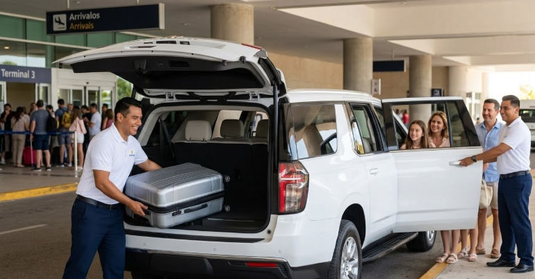 Taxi Shuttle Cancun: Traslado privado confiable desde el aeropuerto Un conductor profesional de Taxi Shuttle Cancun carga equipaje en una Suburban blanca para una familia en el Aeropuerto de Cancún