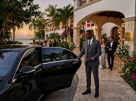 Chauffeur opening the door of a black luxury car for a couple at a high-end Dominican Republic resort