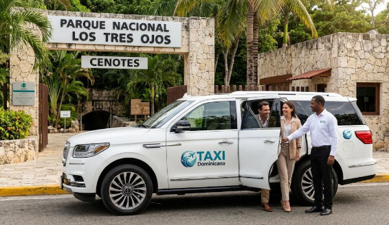 Taxi Dominicana SUV arriving at Los Tres Ojos National Park cenotes in Santo Domingo with passengers