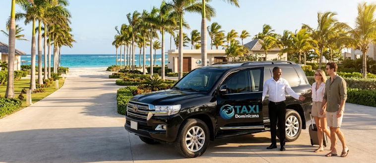 A professional driver opens the door of a black TAXI Dominicana luxury SUV for a couple with luggage at a beach resort.