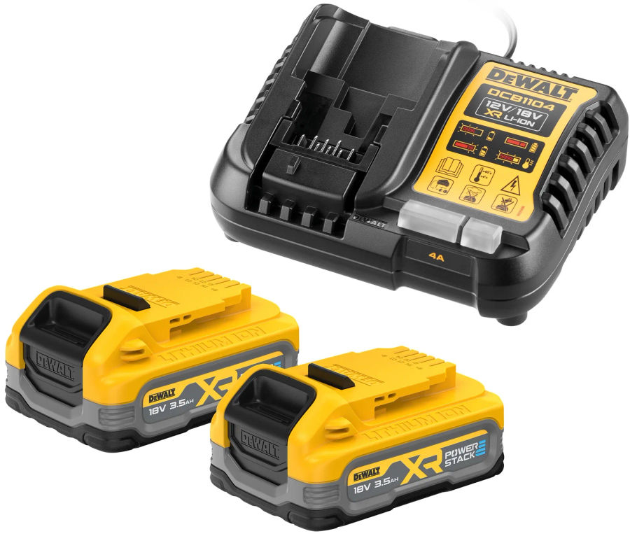 Набор DEWALT DCB1104S2: 2 АКБ POWERSTACK DCBP318, Li-Ion, 18 В, 3.5 Ач и зарядное устройство DCB1104, 12/18 В, 4 A