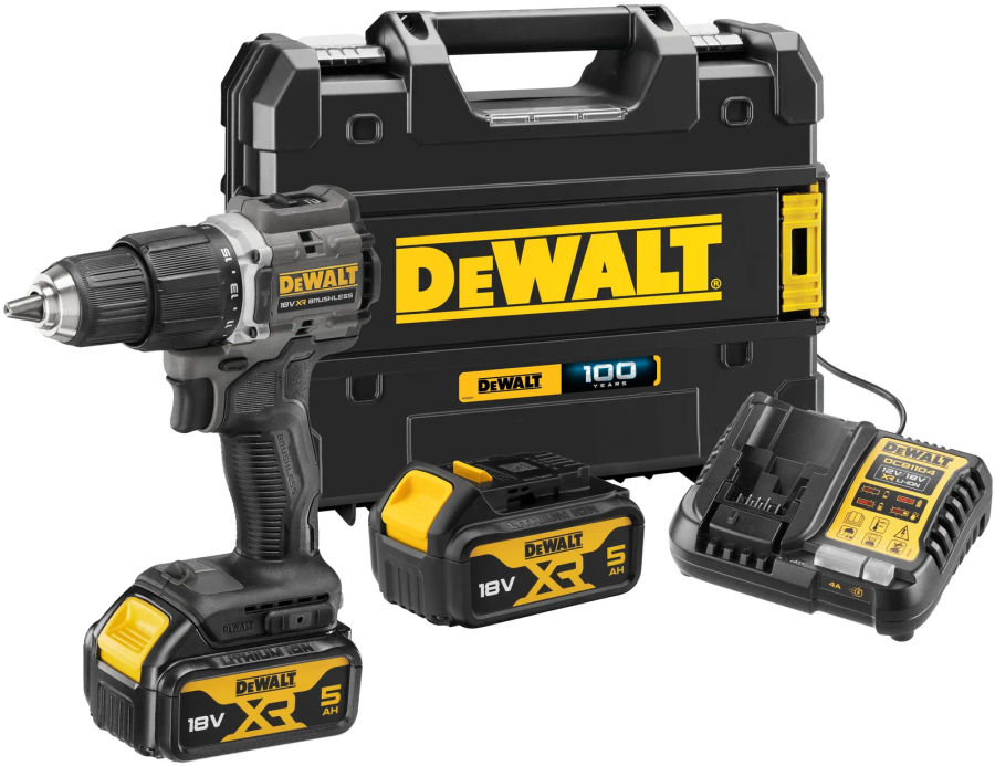 Ударная дрель-шуруповерт DEWALT DCD100P2T, 18 В, 1650 об/мин, 28050 уд/мин, с 2 АКБ 5 Ач и ЗУ, в кейсе TSTAK (DCD100P2T-QW)