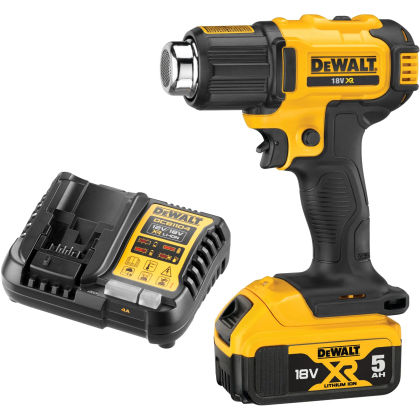 Аккумуляторный пистолет горячего воздуха DEWALT DCE530P1, 18 В, 530°С, 190 л/мин, с АКБ 5 Ач и ЗУ (DCE530P1N-XJ)