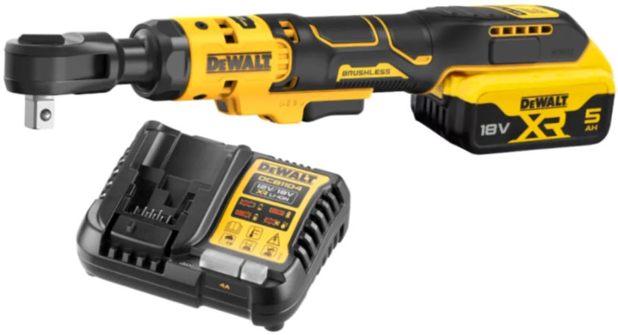 Аккумуляторный угловой гайковерт DEWALT DCF512P1, с трещоткой, 18 В, 95 Нм, 250 об/мин, с АКБ 5 Ач и ЗУ (DCF512P1N-XJ)