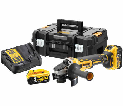 Аккумуляторная угловая шлифмашина DEWALT DCG405P2, 18 В, 125 мм, 9000 об/мин, с 2 АКБ 5 Ач и ЗУ, в кейсе TSTAK (DCG405P2-QW)