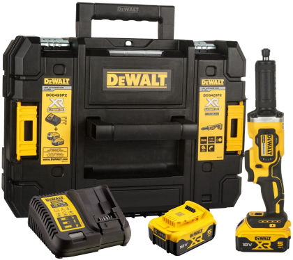 Аккумуляторная прямошлифовальная машина DEWALT DCG426P2, 18 В, 38 мм, 25000 об/мин, с 2 АКБ 5 Ач и ЗУ, в кейсе TSTAK (DCG426P2-QW)