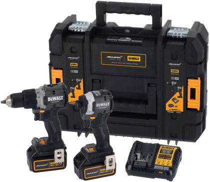 Аккумуляторный набор DEWALT McLaren Limited Edition DCK200MM2T: дрель-шуруповерт + шуруповерт, с 2 АКБ 4 Ач и ЗУ, в кейсе TSTAK