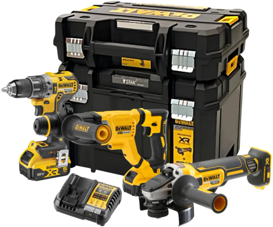 Аккумуляторный набор DEWALT DCK327P2T, 18 В: дрель DCD791 + перфоратор DCH263 + УШМ DCG405, с 2 АКБ 5 Ач и ЗУ, в 2 кейсах TSTAK
