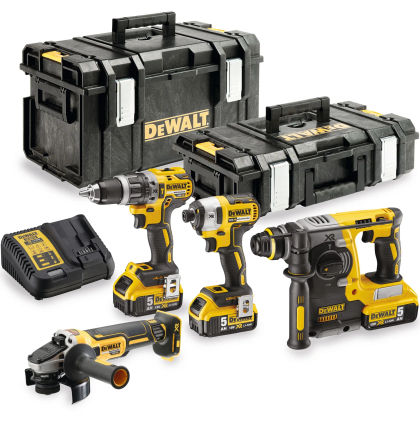 Набор DEWALT DCK422P3, 18 В: дрель DCD796 + шуруповерт DCF887 + УШМ DCG405 + перфоратор DCH273, с 3 АКБ 5 Ач и ЗУ, в 2 кейсах