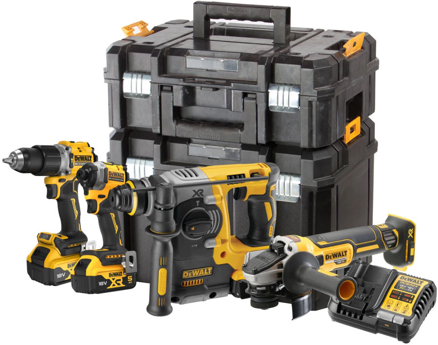 Аккумуляторный набор DEWALT DCK429P3T, 18 В: дрель + шуруповерт + перфоратор + УШМ, с 3 АКБ 5 Ач и ЗУ, в 2 кейсах TSTAK