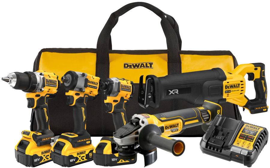 Аккумуляторный набор DEWALT DCK509P3, 18 В: дрель + шуруповерт + гайковерт + УШМ + сабельная пила, с 3 АКБ 5 Ач и ЗУ, в сумке