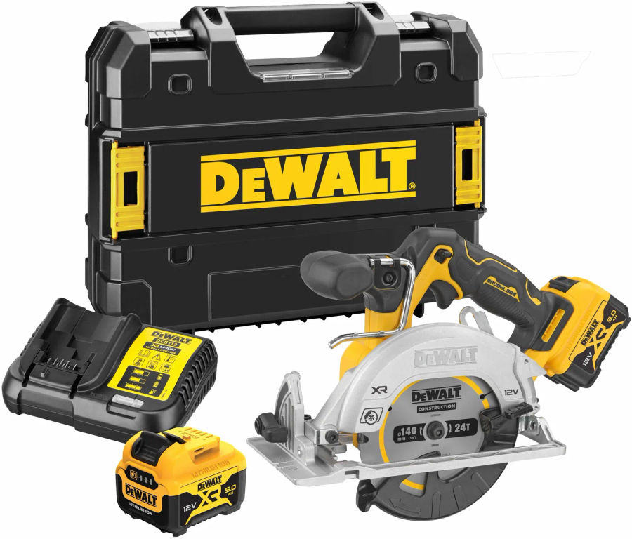 Аккумуляторная дисковая пила DEWALT DCS512P2, 12 В, 140 мм, 3600 об/мин, с 2 АКБ 5 Ач и ЗУ, в кейсе TSTAK (DCS512P2-QW)