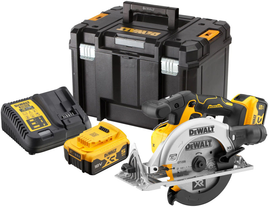 Аккумуляторная дисковая пила DEWALT DCS565P2, 18 В, 165 мм, 4950 об/мин, с 2 АКБ 5 Ач и ЗУ, в кейсе TSTAK (DCS565P2-QW)