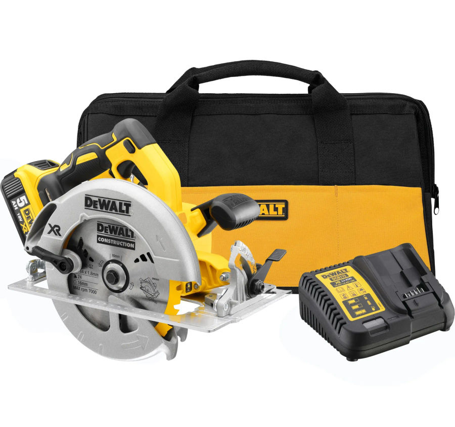 Аккумуляторная дисковая пила DEWALT DCS570P1, 18 В, 184 мм, 5500 об/мин, с АКБ 5 Ач и ЗУ, в сумке (DCS570P1-QW)