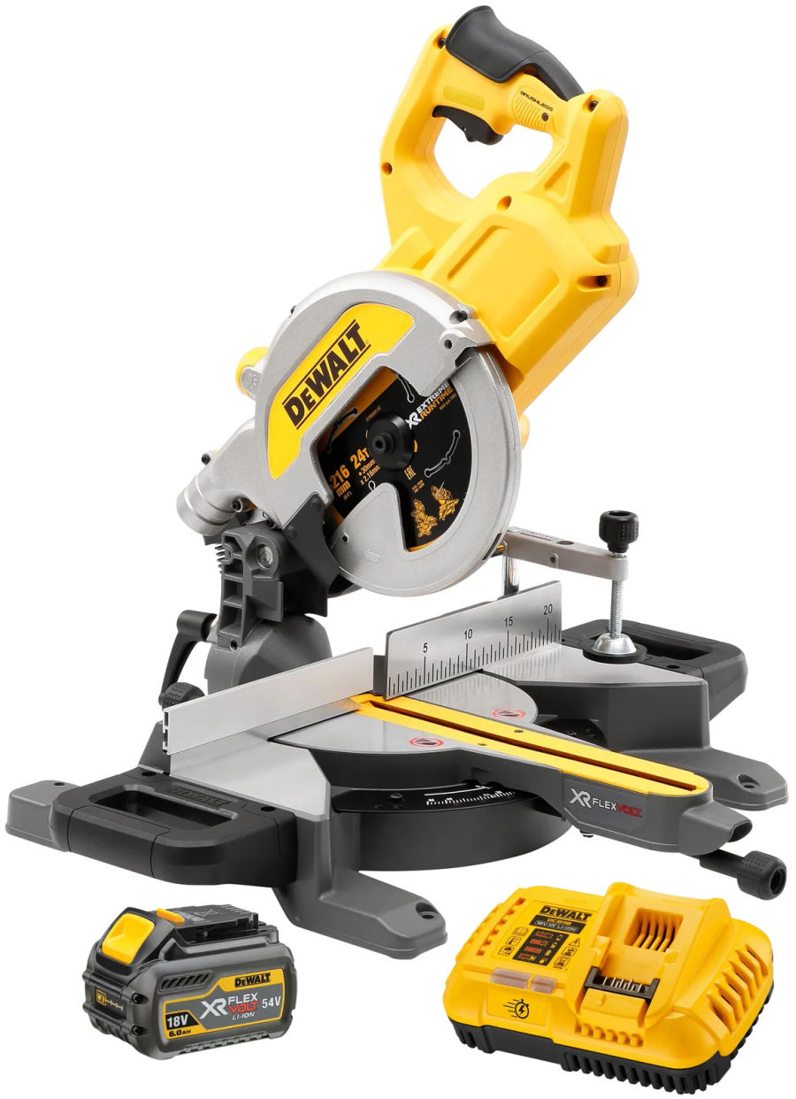 Аккумуляторная торцовочная пила DEWALT DCS777T2, 54 В, 216 мм, 6300 об/мин, с 2 АКБ 2 Ач и ЗУ (DCS777T2-QW)