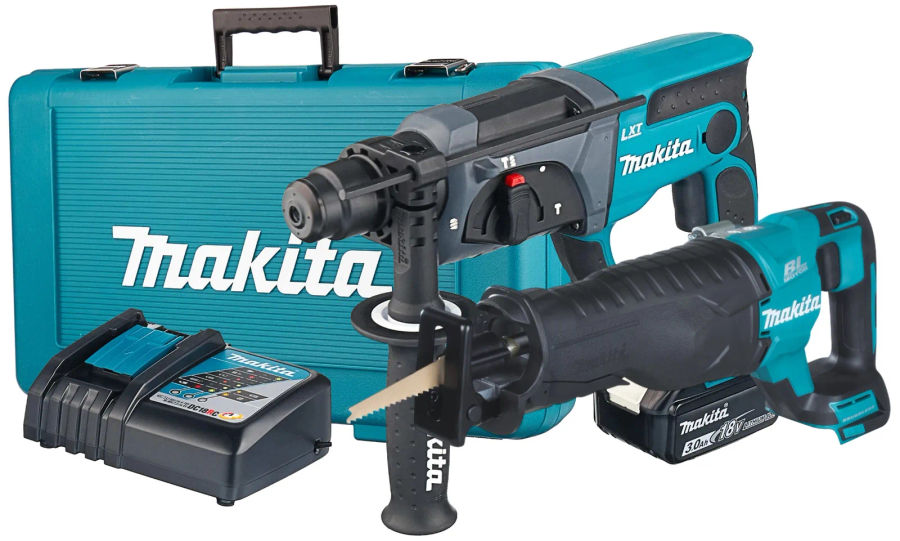 Аккумуляторный набор Makita, 18 В: перфоратор DHR202 + сабельная пила DJR187, с АКБ 3 Ач и ЗУ, в кейсе