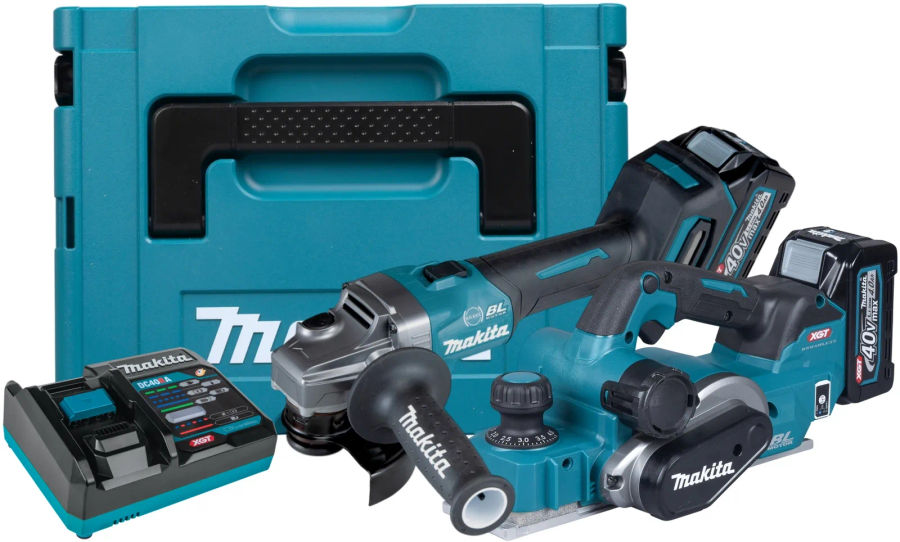 Аккумуляторный набор Makita, 40 В: угловая шлифмашина GA004 + рубанок KP001, с 2 АКБ 4 Ач и ЗУ, в кейсе MakPac