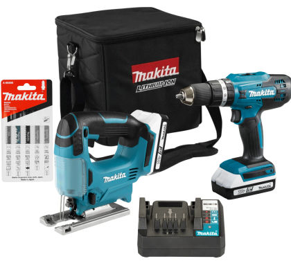 Набор электроинструмента Makita 18 В: дрель-шуруповерт + лобзик + набор пилок, с 2 АКБ 1.5 Ач и ЗУ, в сумке