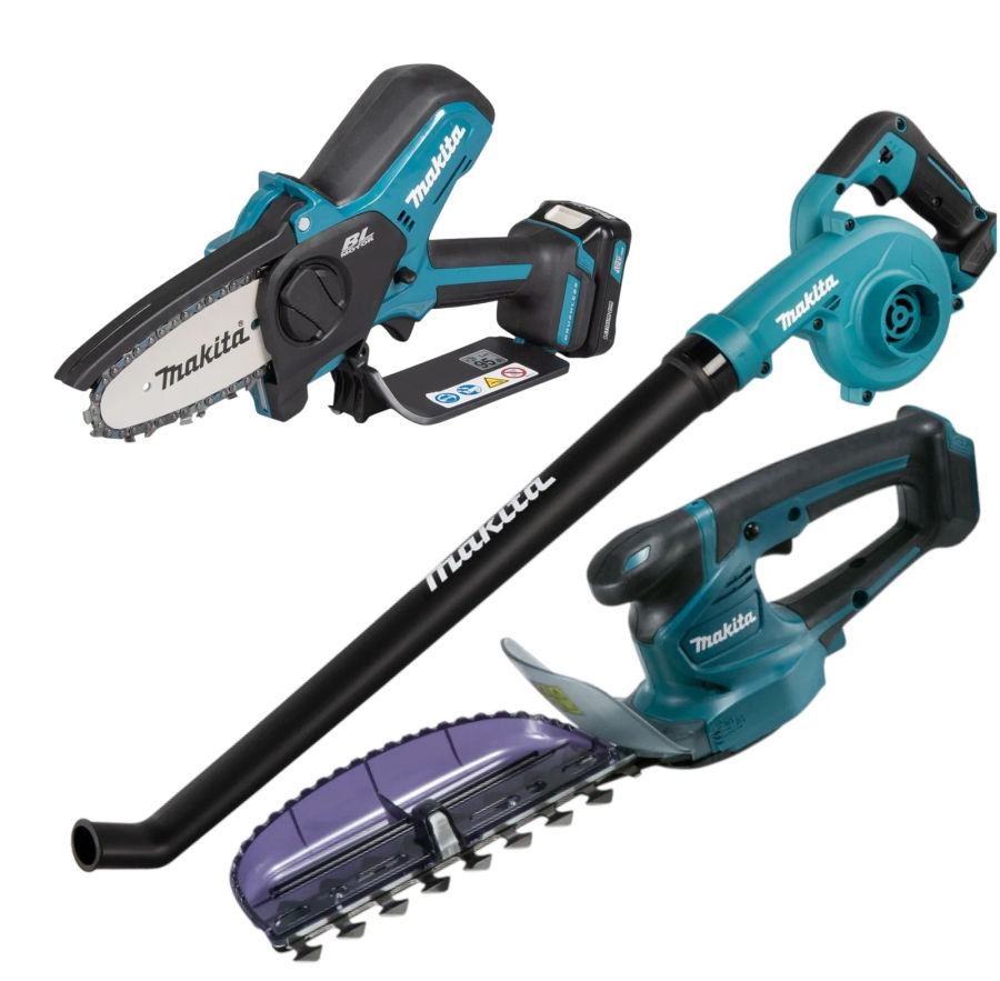 Аккумуляторный набор садовой техники Makita, 12 В: цепная пила UC100 + кусторез UH201 + воздуходув UB101, с АКБ 2 Ач и ЗУ