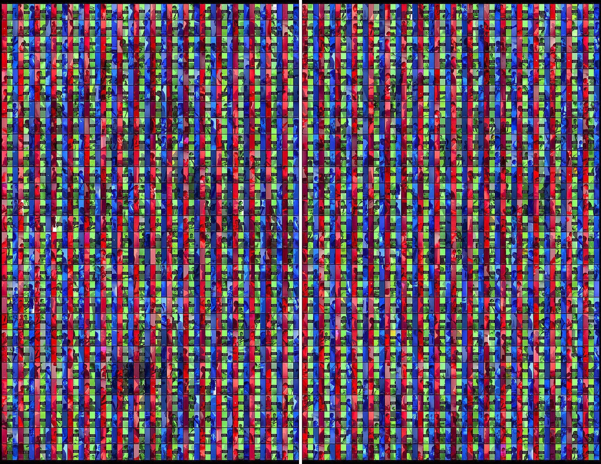 **Comic Strip №3.** On how a group of four musicians-enthusiasts accompanied by the voice synthesizer and a video projector performs rgb color sequence from the file apmwmap5.jpg | C-print, 2 parts 250x160cm each
