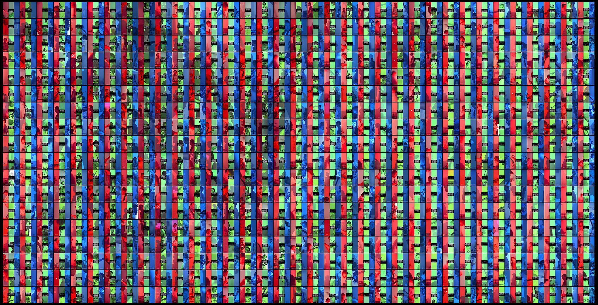 Comic Strip №2. On how a group of four musicians-enthusiasts accompanied by the voice synthesizer and a video projector performs rgb color sequence from the file Astronomers-View-the-Effect-of-Gravitational-Lensing-on-the-Cosmic-Microwave-Background.jpg | C-print, 160x320 cm