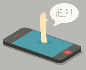 Addictive products: a hand raised for help from a phone