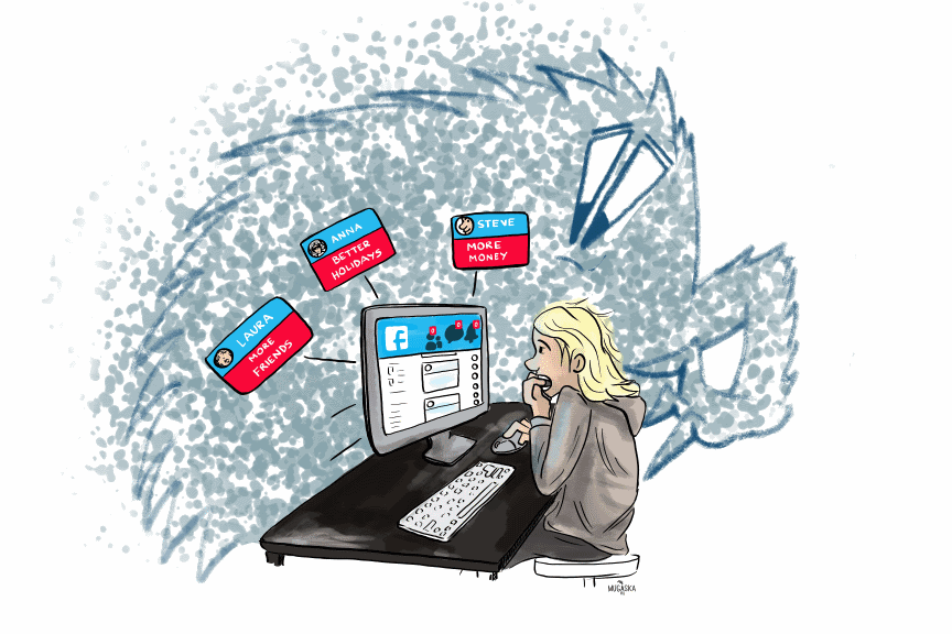 FOMO-fear-of-missing-out-min FOMO, the fear of missing out, caused by looking at other people's activities in Facebook.